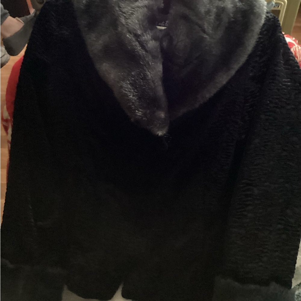 Luxurious Black Fur Women's Coat. Faux fur collar and cuffs